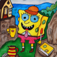 SpongeBob SquarePants vestido de cartero bebiendo una taza de café en una escena en la ladera de una montaña, acuarelas de 5 años