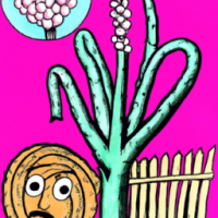 Un cactus junto a aros de cebolla en una granja, caricatura de los años 60