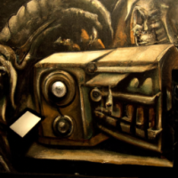 Un estéreo portátil que refleja el entorno de una cueva, pintura de H.R. Giger, primer plano